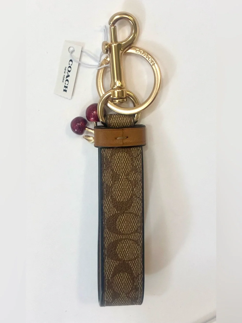 Coach Signature Trigger Snap Charm Loop Keychain Bag Charm With Dangling Cherry
